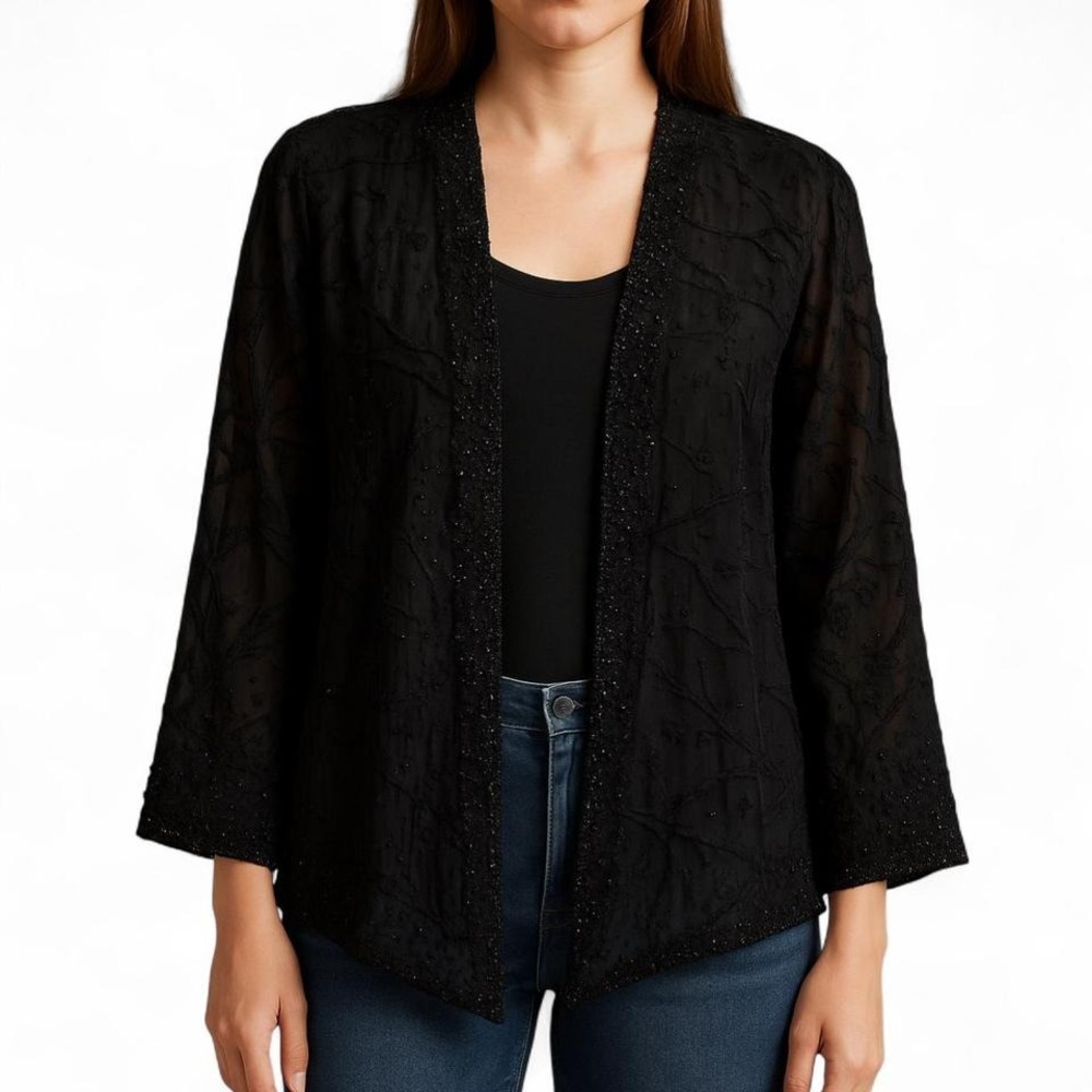 VTG Silk beaded velvet burnout cardigan shaw black fairy darkromantic whimsigoth